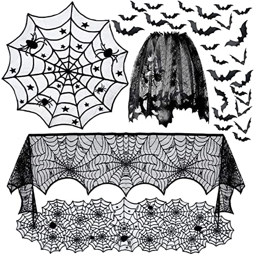 80-Piece Halloween Decor Set with 3D Bats, Spiderweb Fireplace Mantel Scarf, Round Spider Table Cover, Lace Runner and Cobweb Lampshade