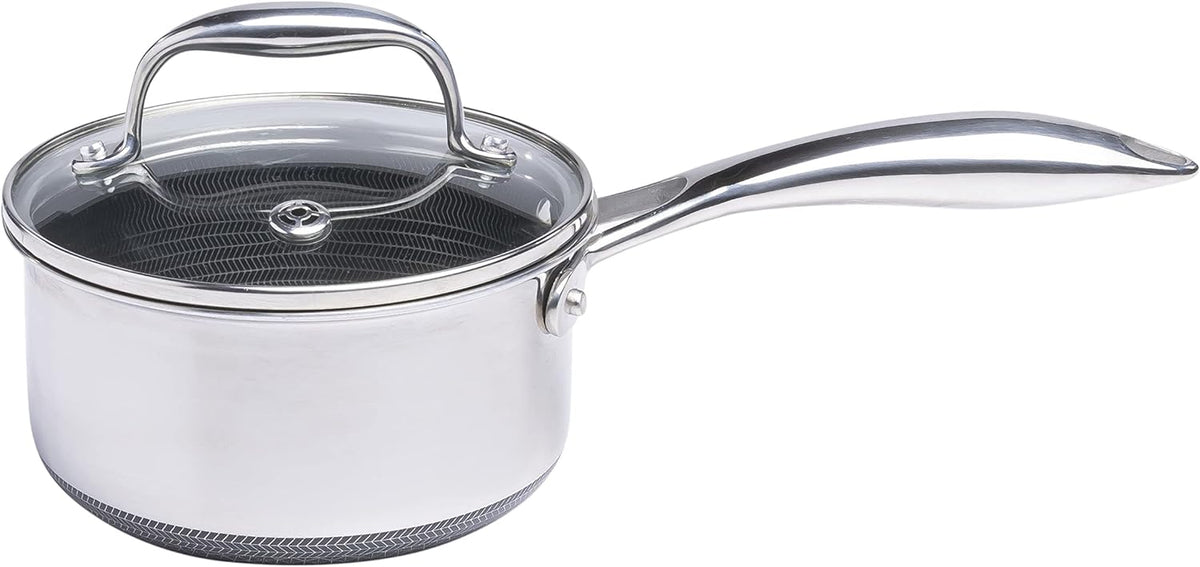HexClad 1 Quart Hybrid Saucepan with Glass Lid, Nonstick Interior, Dishwasher & Oven Safe for Sauces, Soups, Stocks and Grains