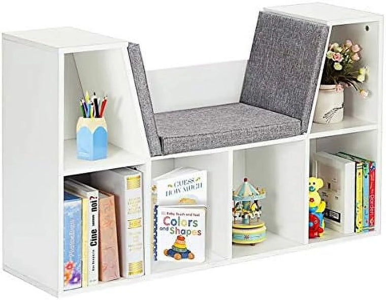 HJZBNONE 6-Cubby Children’s Bookcase with Cushioned Reading Nook, Organizer Cabinet with Soft Cushion and Thick Wood Board, Modern White