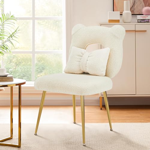 Furnimart Bear-Shaped Vanity Chair with Backrest Pillow, Comfy Teddy Fabric & Golden Metal Legs for Dressing Room, Living Room or Home Office, Green