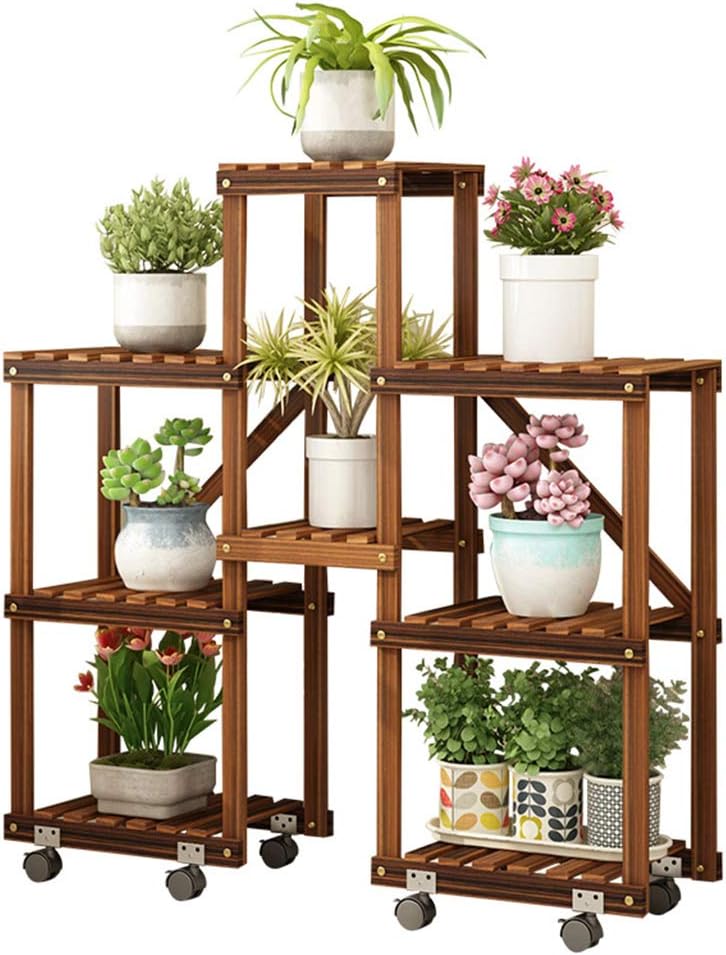 5-Tier Wooden Plant Display Shelf with Wheels, Carbonized Potted Rack for Indoor or Outdoor Garden Storage and Decor