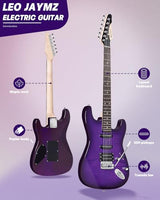 Leo Jaymz 39-Inch Full-Size ST-Style Electric Guitar Starter Kit with SSH Pickup, 5W Portable Amp, Tuner, Gig Bag, Strap and Accessories, Violet Ocean